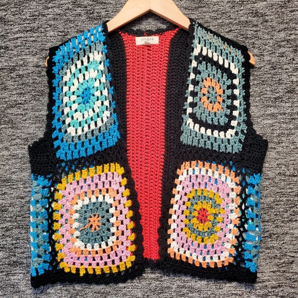 Umgee Granny Square Patchwork Crochet Vest Womens Small Multi Boho Open Front